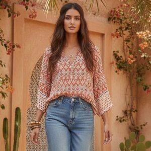 beachlunchlounge Rust and Cream Printed V-Neck Boho Blouse